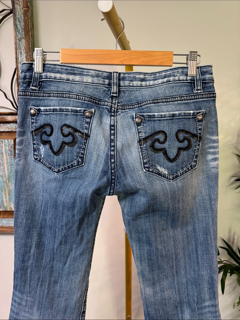 Rerock for express Bootcut Jeans with Black heavy Embroidered Back Pockets
